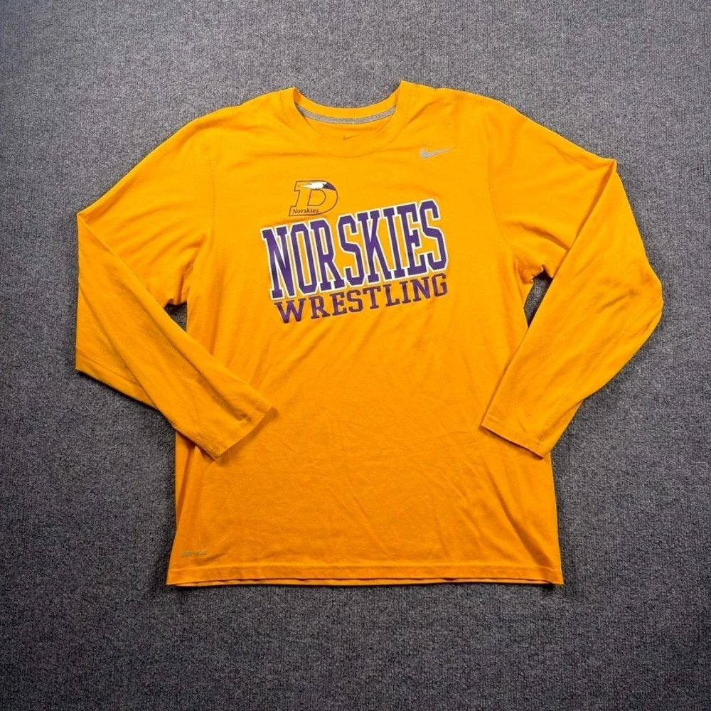 Nike Dri-FIT Shirt Mens Large Orange DeForest Norskies Wrestling Long Sleeve